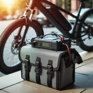 Ebike battery bag in front of a bike